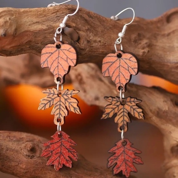 Wooden Maple Leaf Tassel Dangle Earrings - Picture 1 of 5